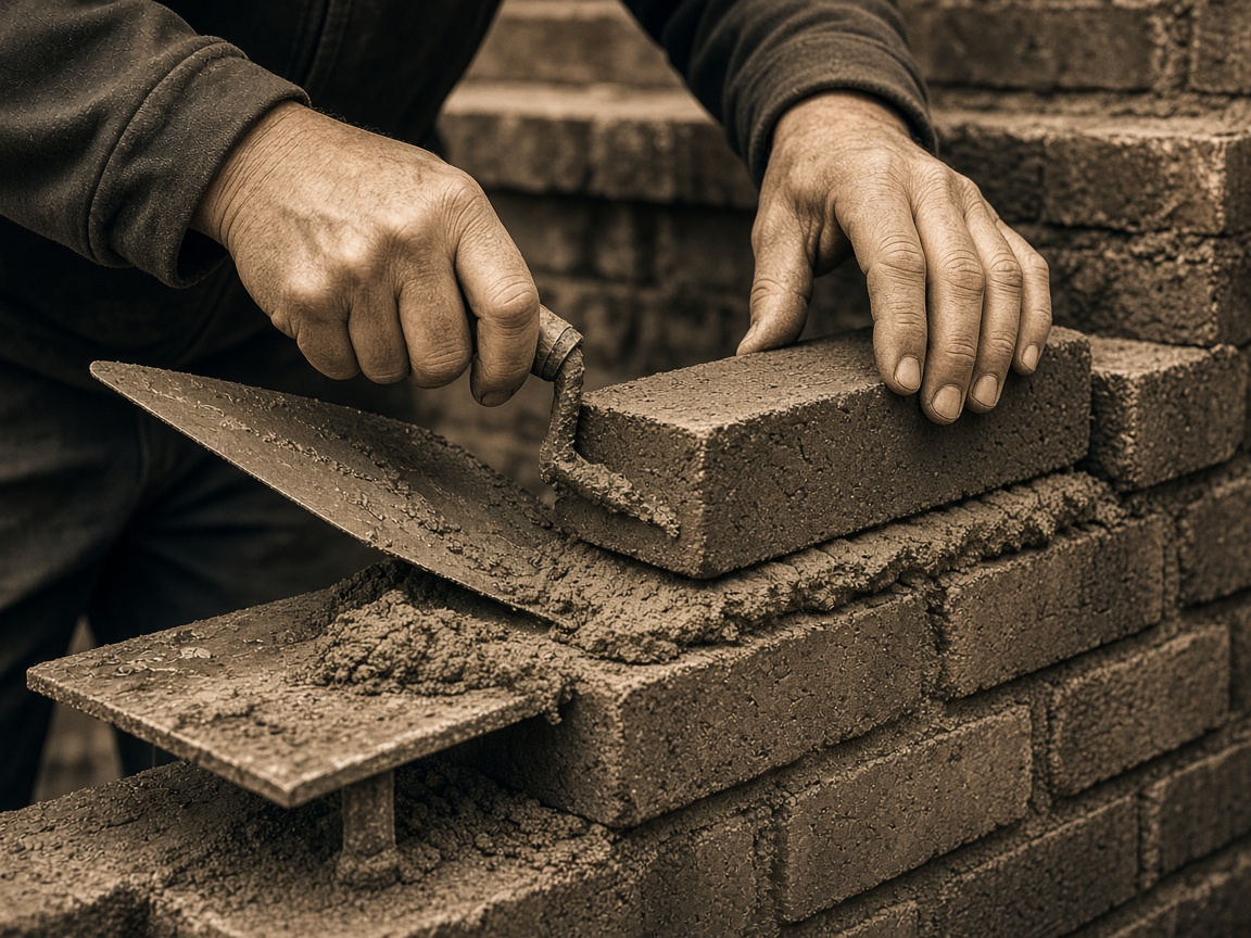 Mason laying a brick course with trowel and mortar