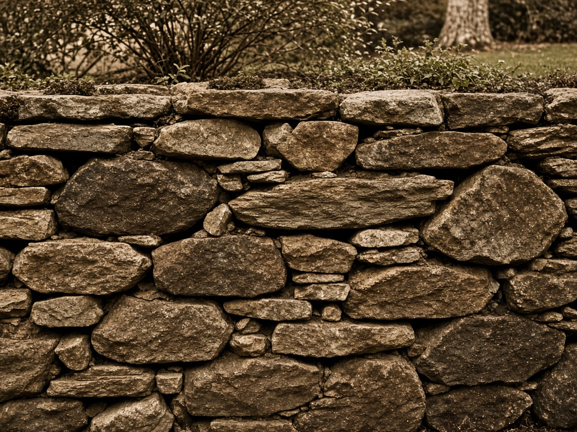 Fieldstone retaining wall with bronze-toned masonry